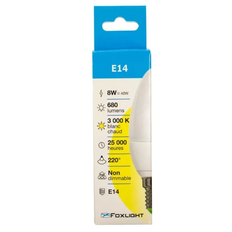 Offre Du Jour Ampoule LED flamme SMD E14 8W = 680 lumens blanc chaud FOXLIGHT