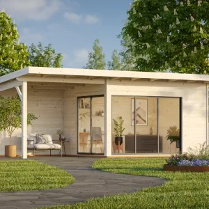 Meilleure Vente Studio de jardin en bois avec pergola Andrea - Baies double vitrage - 28,7 m² hors-tout - Livraison à domicile - PALMAKO