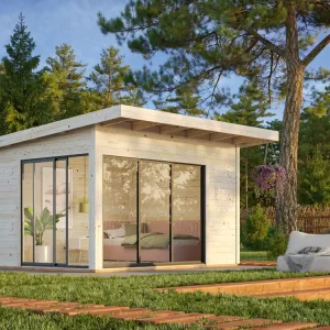 Studio de jardin Palmako Andrea en bois naturel et simple vitrage Slide - 17,4 m² hors-tout - Livraison à domicile - PALMAKO Prix Réduit