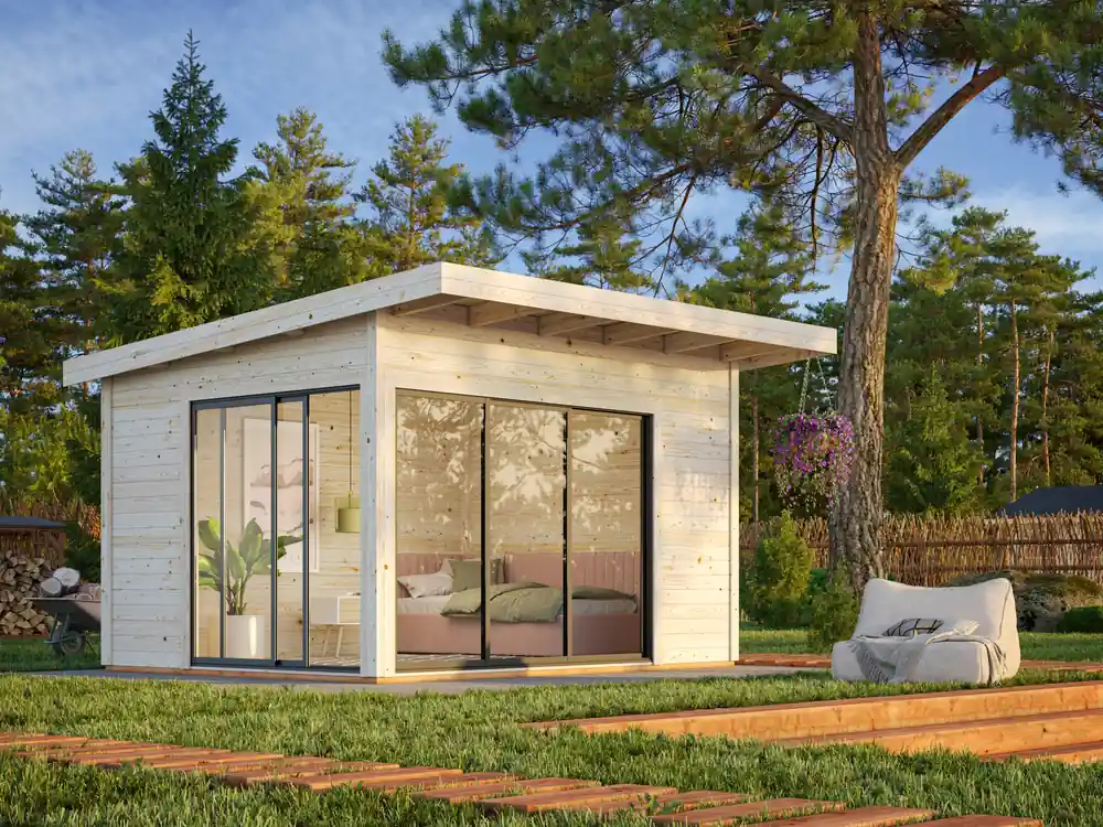 Studio de jardin Palmako Andrea en bois naturel et simple vitrage Slide - 17,4 m² hors-tout - Livraison à domicile - PALMAKO Prix Réduit