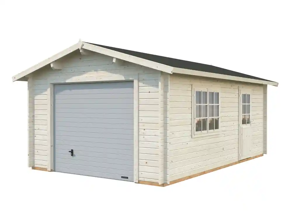 Achat Immédiat Garage en bois Roger avec porte sectionnelle - ép.44 mm - 37,2 m² hors-tout - Livraison à domicile incluse - PALMAKO