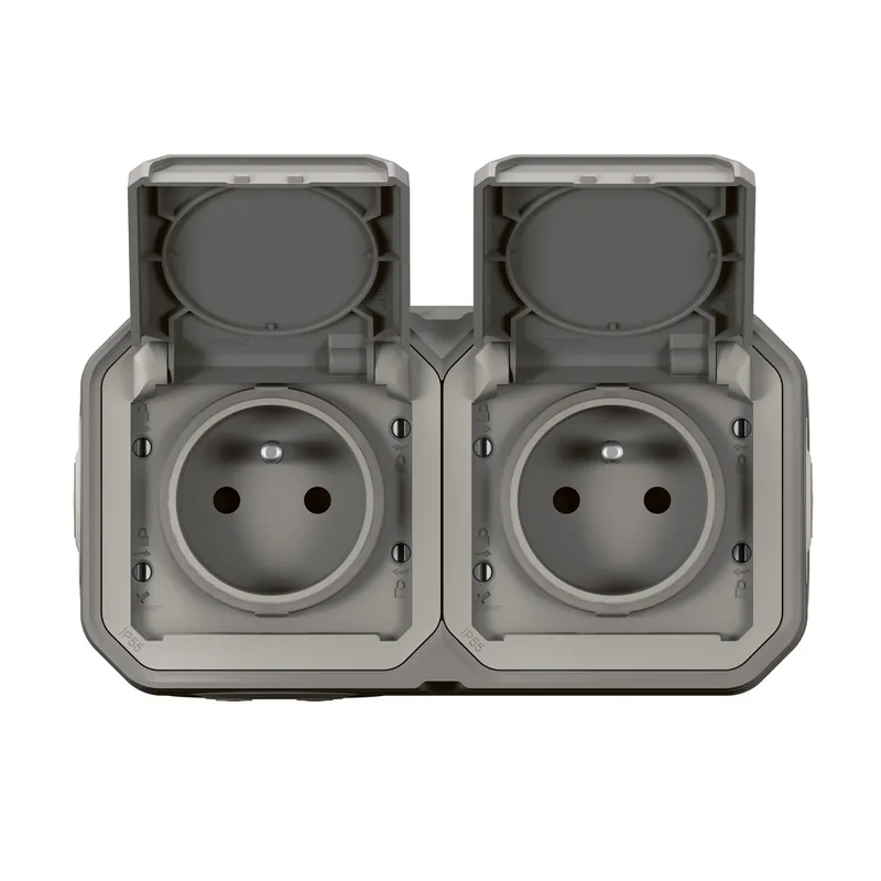 Remise Double prise 2 pôles + terre horizontale saillie gris Plexo IP55 LEGRAND