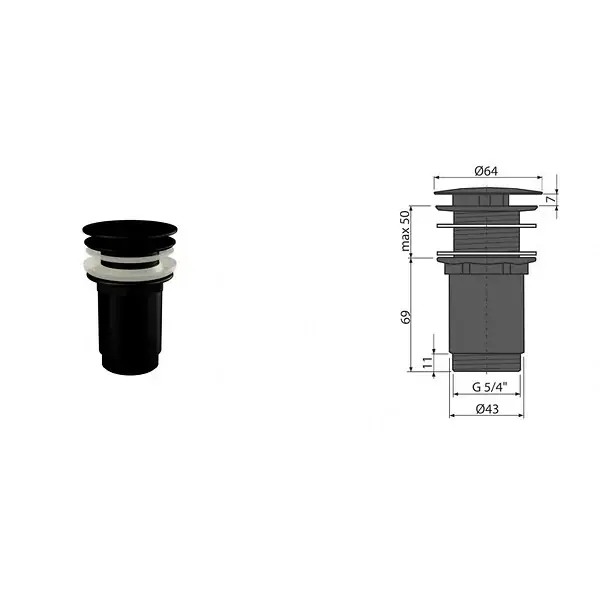 Petit Prix Sortie lavabo 5/4 » tout métal, grand bouchon, pour lavabos sans débordement, noir mat (A396BLACK) ALCA