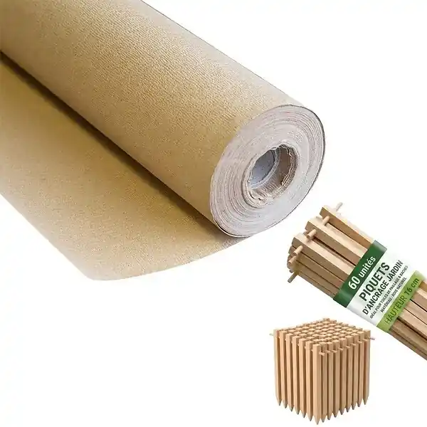 Offre Exclusive Kit Toile de paillage Papier Kraft 0.9 x 20m + 60 Piquets Bois fixation Paillage Autodégradable Anti mauvaises herbes Jardin KZ GARDEN
