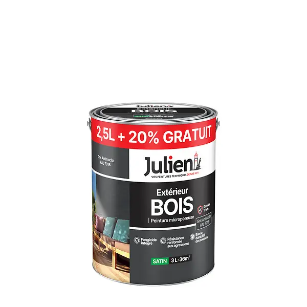 Peinture extérieure bois microporeuse - Satin - Gris Anthracite 3L JULIEN Usine Directe