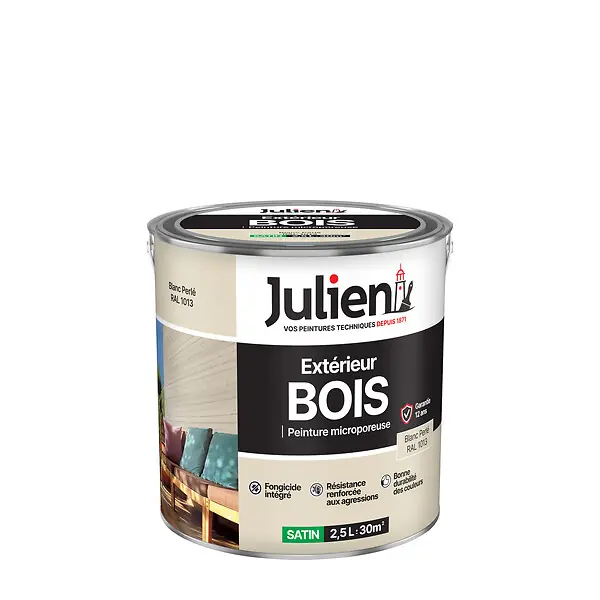Offre Du Jour Peinture extérieure bois microporeuse Satin - Blanc Perle 2.5L JULIEN