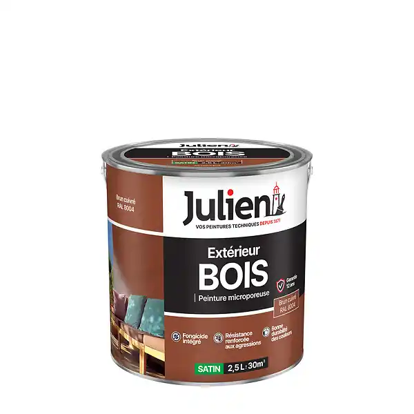 Promotion Saisonnière Peinture Extérieure Bois Microporeux Satin - Brun Cuivre 2.5L JULIEN