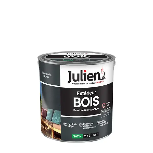Peinture bois extérieur microporeux - Gris Anthracite - 2.5L JULIEN Top Vente