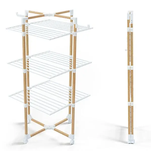 Nouvel Arrivage Sechoir a linge etendoir tour pliable 3 niveaux 69x69x136 cm style bois blanc VOUNOT