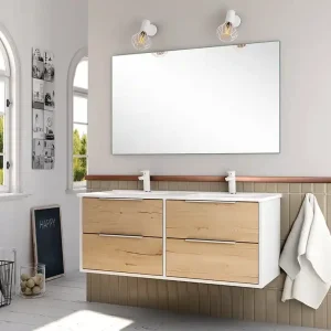 Livraison Express Meuble de salle de bains Duox 4 tiroirs L120 x H45 x P45 cm bois mélaminé blanc et bois - EGORE