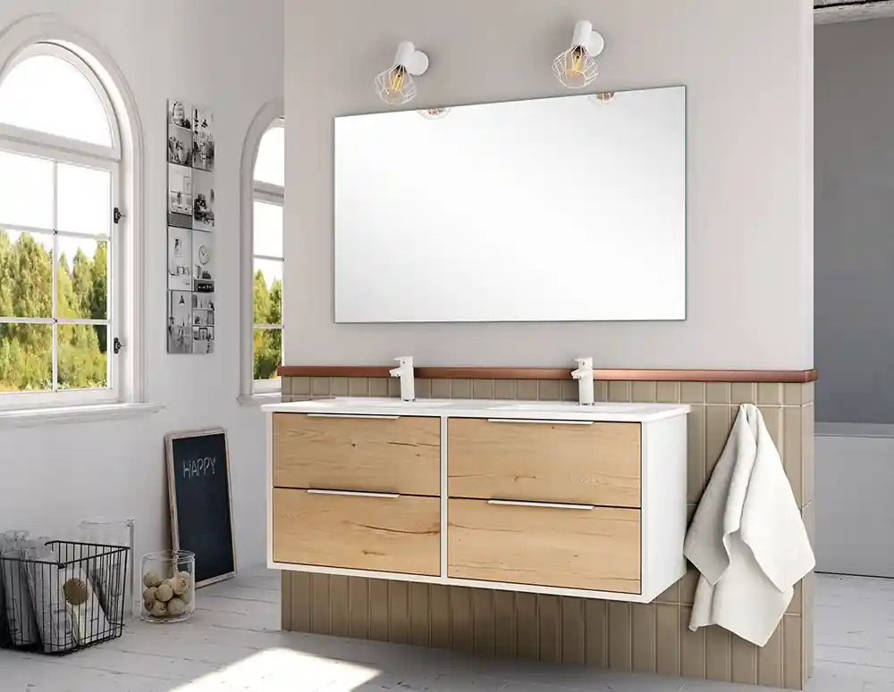Livraison Express Meuble de salle de bains Duox 4 tiroirs L120 x H45 x P45 cm bois mélaminé blanc et bois - EGORE