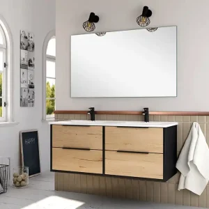 Jusqu'à Épuisement Des Stocks Meuble de salle de bains Duox 4 tiroirs L120 x H45 x P45 cm bois mélaminé noir et bois - EGORE