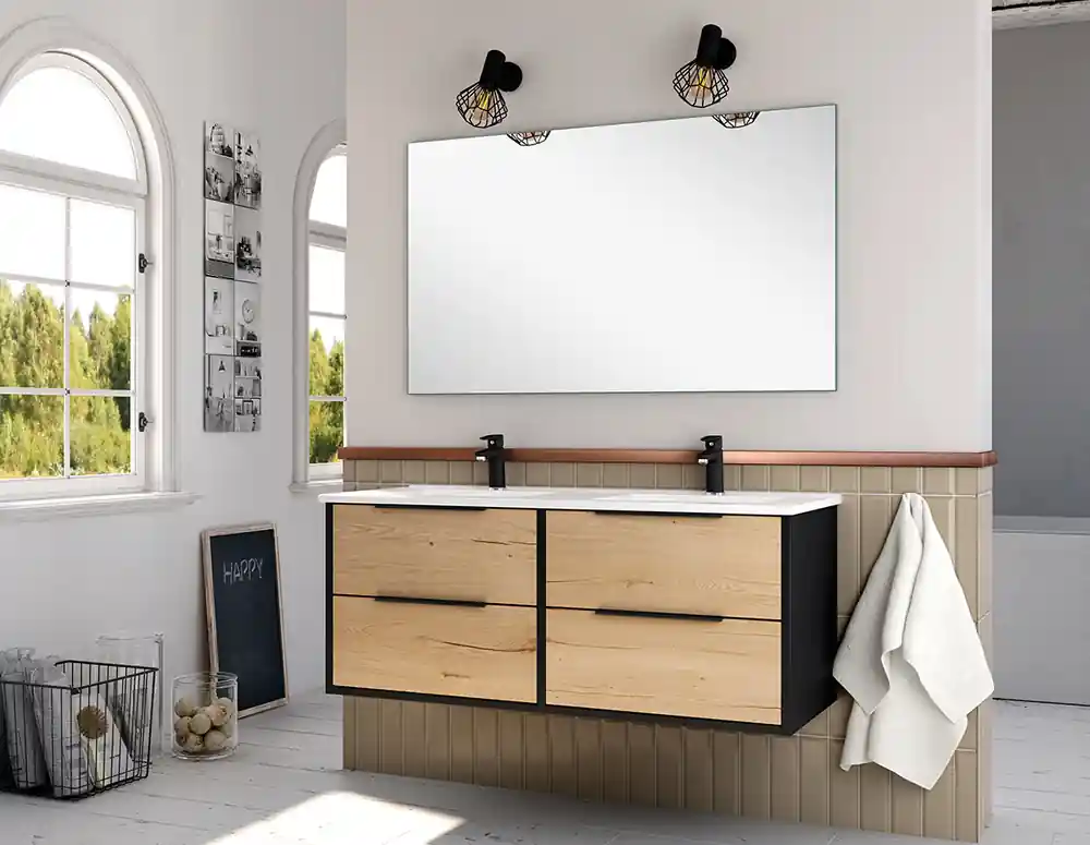 Jusqu'à Épuisement Des Stocks Meuble de salle de bains Duox 4 tiroirs L120 x H45 x P45 cm bois mélaminé noir et bois - EGORE