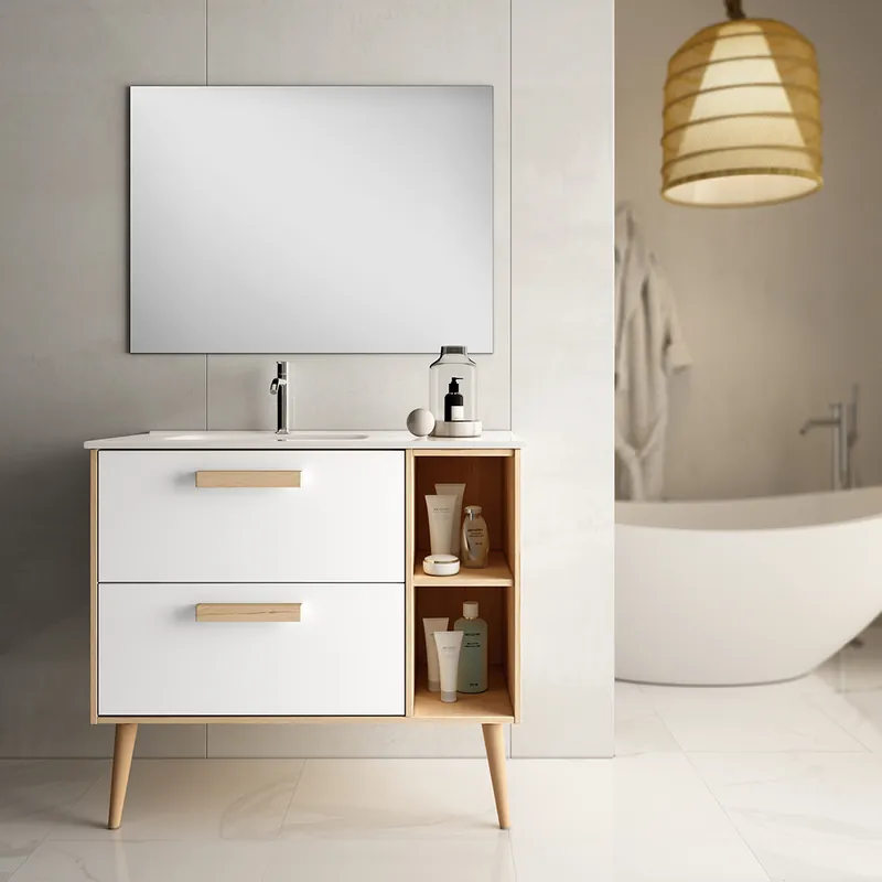 Meuble de salle de bains Malmoe 2 tiroirs 2 niches L80 x H85 x P45 cm bois mélaminé blanc et bois - EGORE Expédié Aujourd'hui
