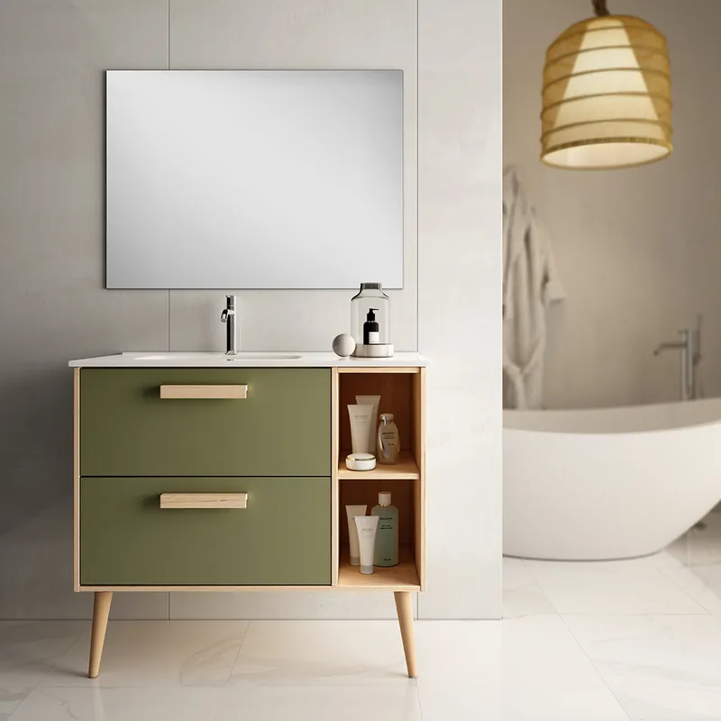 Super Prix Meuble de salle de bains Malmoe 2 tiroirs 2 niches L80 x H85 x 45 cm bois mélaminé vert et bois - EGORE