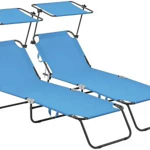 Lot de 2 bains de soleil pliable "Lazy" - Avec pare soleil - Bleu HABITAT ET JARDIN Produit De Marque