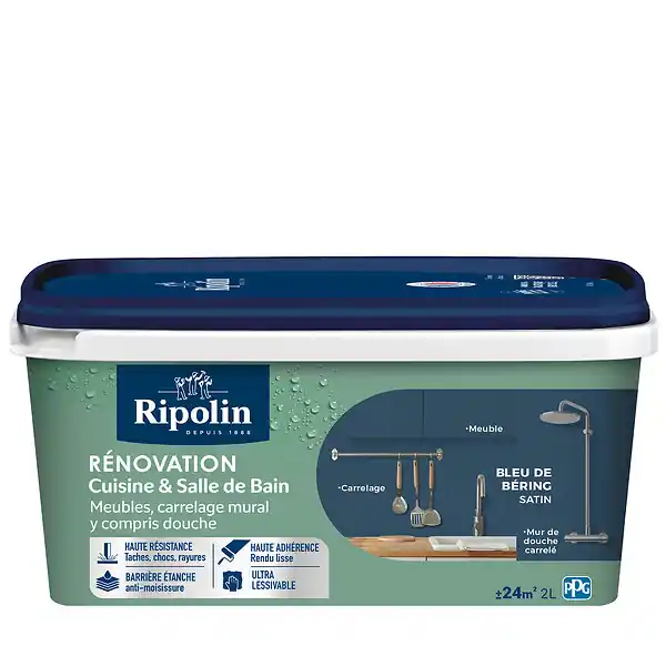 Peinture rénovation cuisine et bain satin Bleu de Bering 2L RIPOLIN Commander Vite