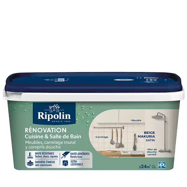 Dernière Chance Peinture rénovation cuisine et bain satin Beige Makuria - 2L RIPOLIN