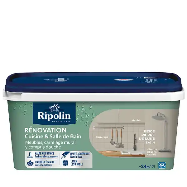 Peinture satinée rénovation cuisine et bain - Beige Pierre de Lune - 2L RIPOLIN Produit De Marque