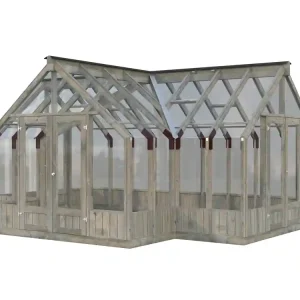 Promotion Saisonnière Serre de jardin Emilia - Bois autoclave gris & verre trempé - 22,9 m² hors-tout - Livraison à domicile incluse - PALMAKO