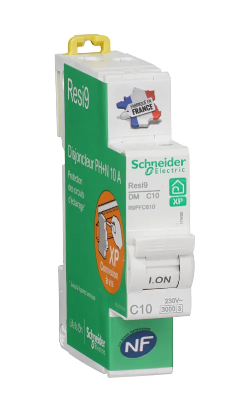 Disjoncteur divisionnaire 10A courbe C 3kA peignable 1 pôle + neutre - Resi9 XP SCHNEIDER ELECTRIC Bon Plan