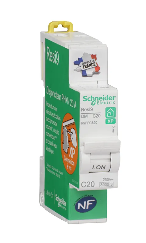 Disjoncteur divisionnaire 20A courbe C 3kA peignable 1 pôle + neutre - Resi9 XP SCHNEIDER ELECTRIC Satisfait Ou Remboursé