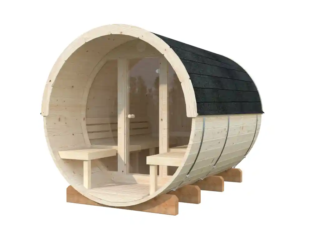 Sauna extérieur rond en bois Palmako Anita 4 places avec poêle et façade vitrée - 10,4 m² - PALMAKO Satisfait Ou Remboursé