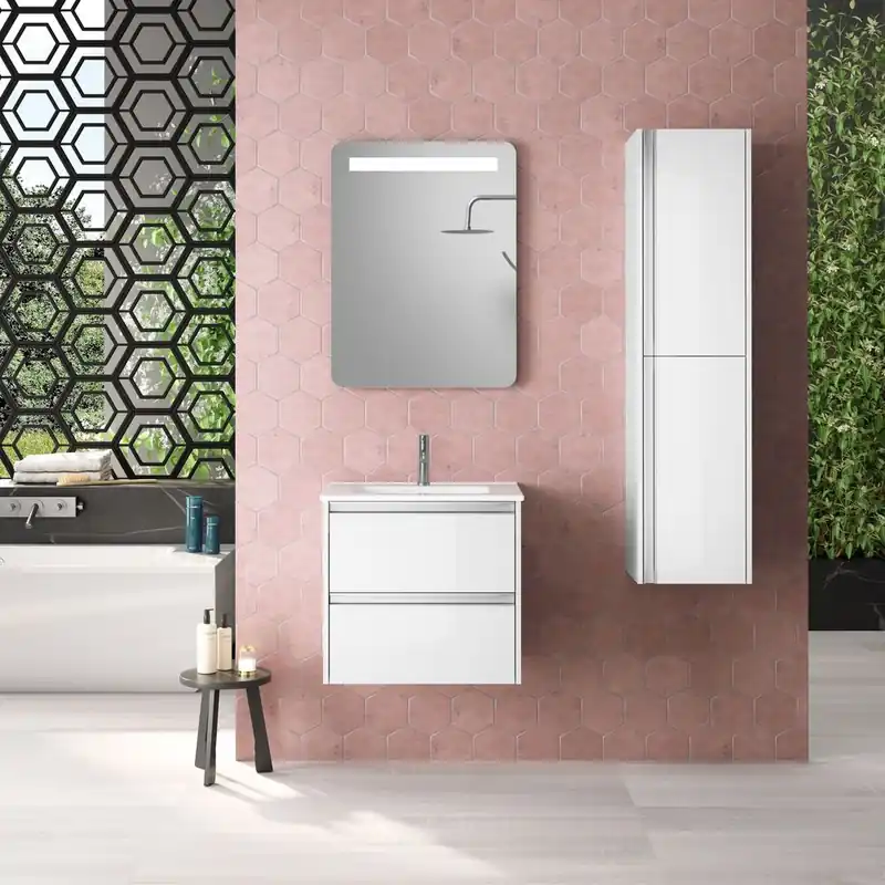 Caisson de salle de bains Thana 2 tiroirs L60 x H55 x P45 cm panneau de particules blanc Prix Promo