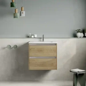 Caisson de salle de bains Thana 2 tiroirs L60 x H55 x P45 cm panneau de particules chêne naturel Nouvel Arrivage