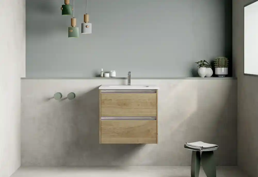 Caisson de salle de bains Thana 2 tiroirs L60 x H55 x P45 cm panneau de particules chêne naturel Nouvel Arrivage