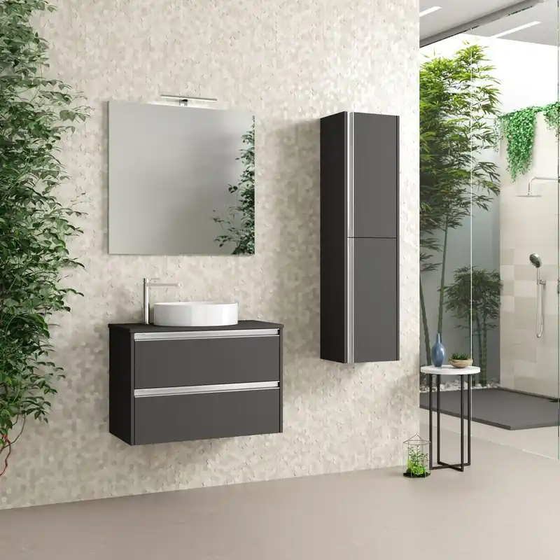 Caisson de salle de bains Thana 2 tiroirs L80 x H55 x P45 cm panneau de particules anthracite mat Offre Limitée