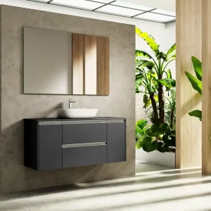 Caisson de salle de bains Thana 2 tiroirs 2 portes L120 x H55 x P45 cm panneau de particules anthracite mat Usine Directe