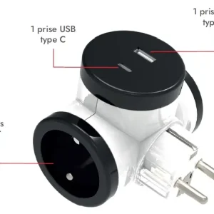 Multiprise murale 2 prises ou biplite avec prises USB A et USB C blanc/ noir GEFOM Prix Promo