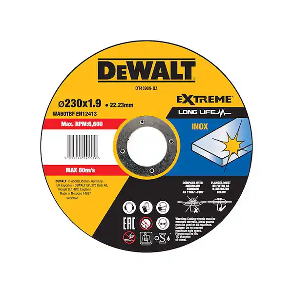 Disque à tronçonner l‘inox Ø230x22,2mm DEWALT DT43909-QZ épaisseur 1,9mm Must-Have