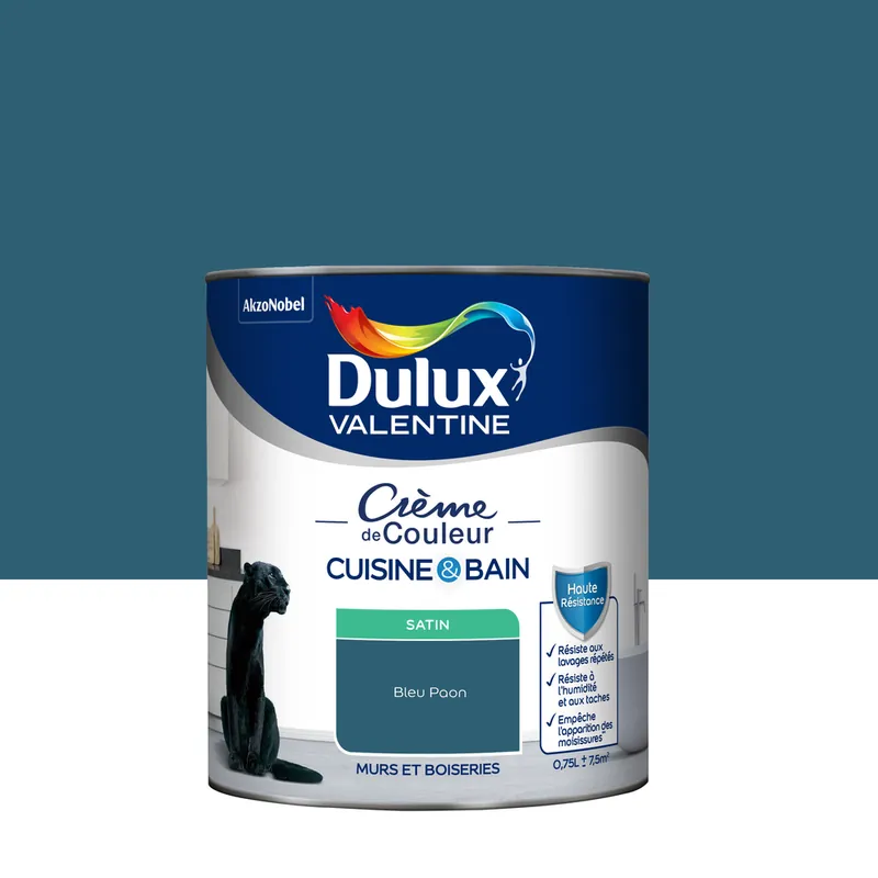 Peinture Crème de Couleur Cuisine et Bain Satin Bleu Paon 0,75 L Expédition Rapide