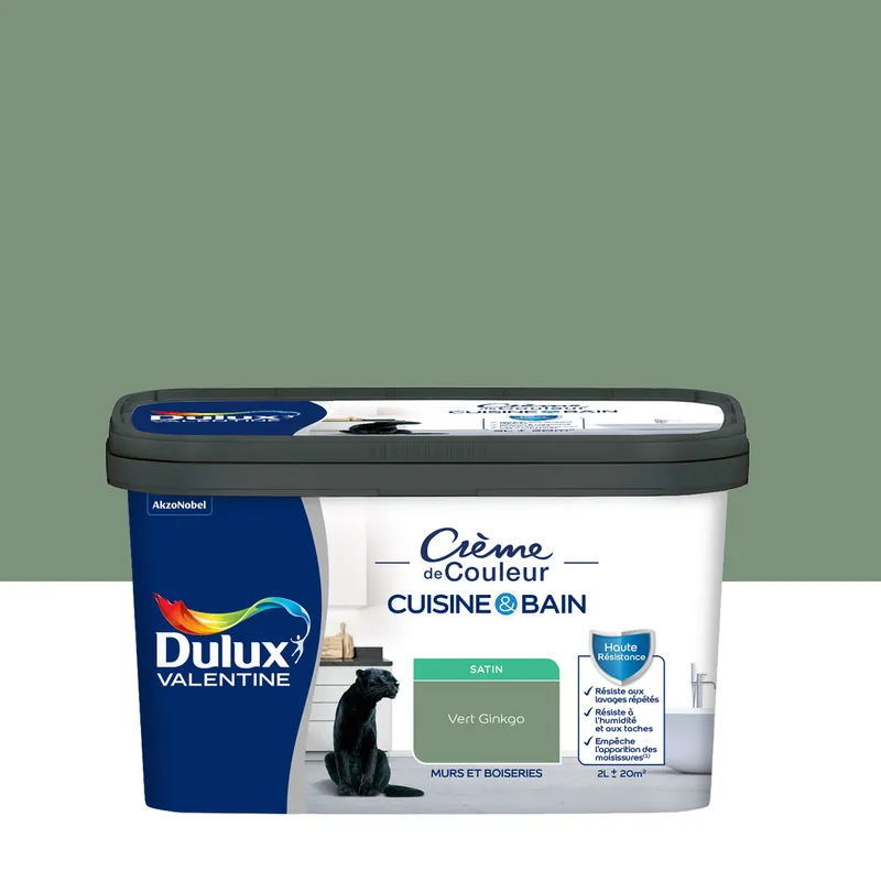 Peinture Crème de Couleur Cuisine et Bain Satin Vert Ginkgo 2 L Promotion