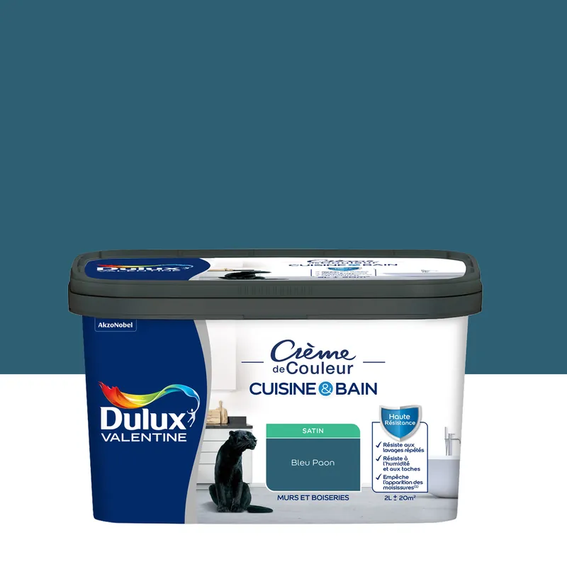 Authentique Peinture Crème de Couleur Cuisine et Bain Satin Bleu Paon 2 L