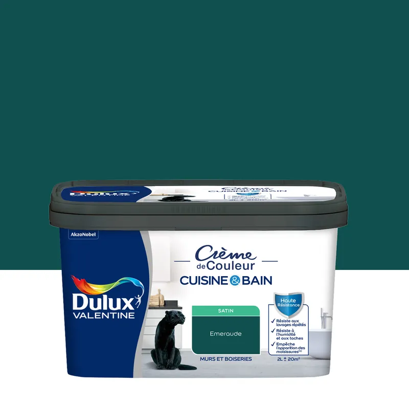 Peinture Crème de Couleur Cuisine et Bain Satin Emeraude 2 L Nouveauté