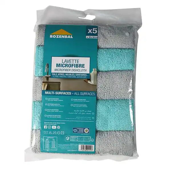Lot de 5Lavettes microfibre 30x30 cm - Nettoyage ménage ROZENBAL Expédié Aujourd'hui