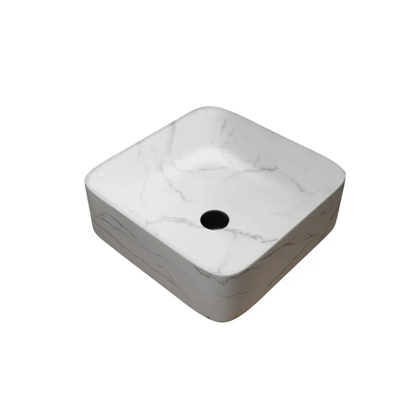 Offre Du Jour Vasque carrée à poser blanche mat effet marbre 38 x 38 x 14 cm AURLANE