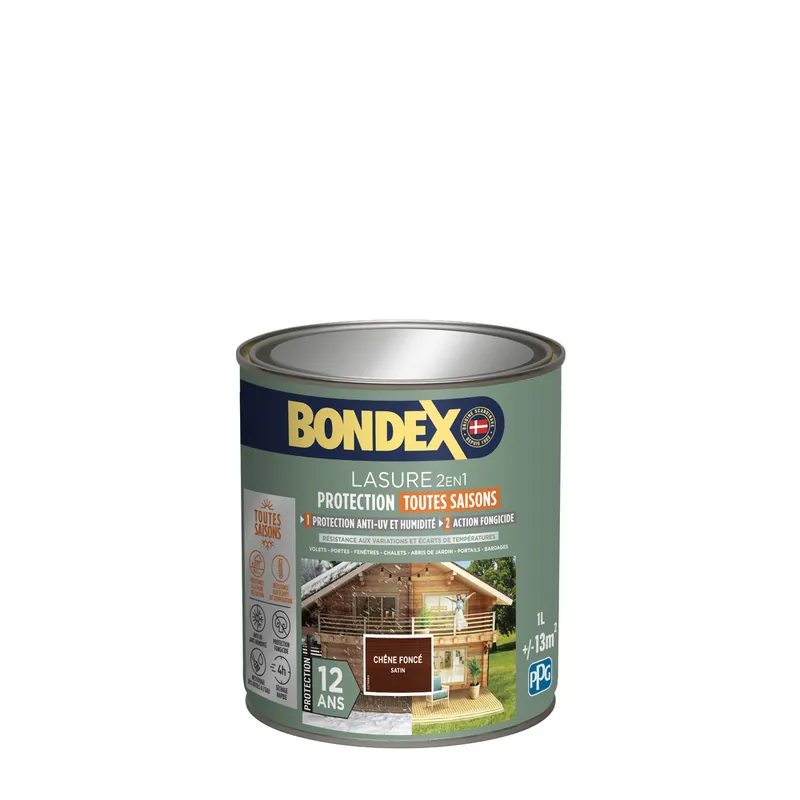 Haute Qualité Lasure 2 en 1 protection 12 ans chêne foncé satin 1L BONDEX