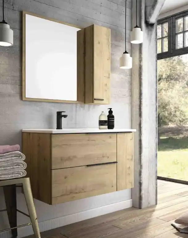 Marque Meuble de salle de bains Reign + vasque centrée 2 tiroirs 1 porte L80 x H48 x P46 cm bois mélaminé chêne foncé - EGORE