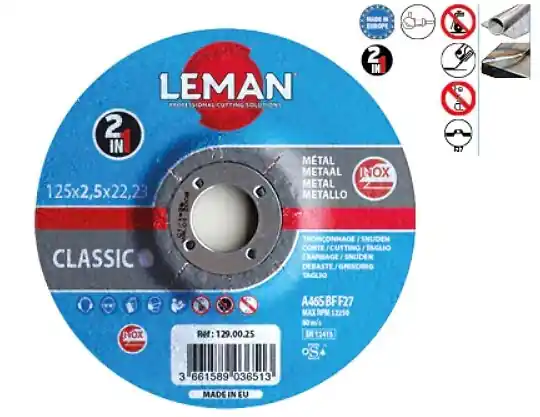 Vente Flash Disque à tronçonner et ébarber Inox 125mm 2,5mm 2 en 1 LEMAN