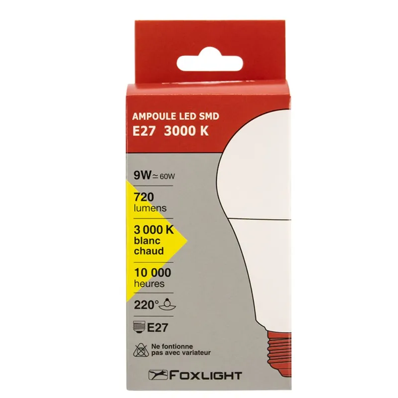 Soldes Ampoule LED standard E27 9W=720 lumens blanc chaud FOX LIGHT
