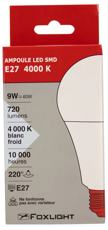 Nouvelle Collection Ampoule LED standard E27 9W=720 lumens blanc neutre FOX LIGHT