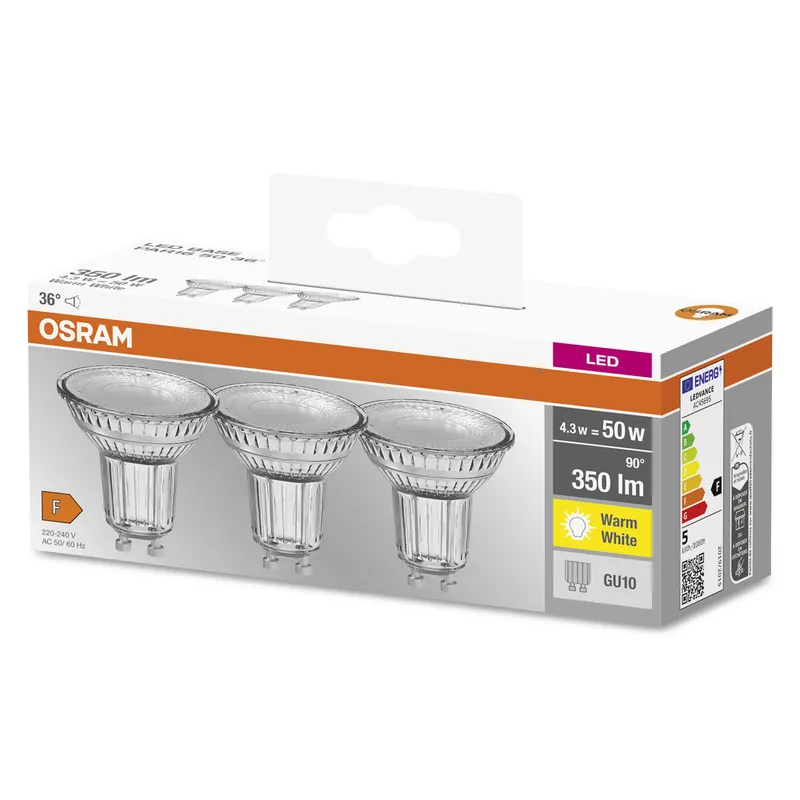 Nouvelle Collection Lot de 3 ampoules LED spot GU10 4,3W = 350 lumens blanc chaud - Halopar 16 OSRAM