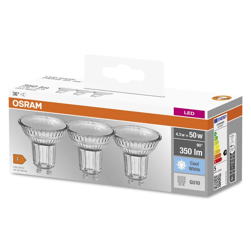 Lot de 3 ampoules LED spot GU10 4,3W = 350 lumens blanc neutre - Halopar 16 OSRAM Prix Promo