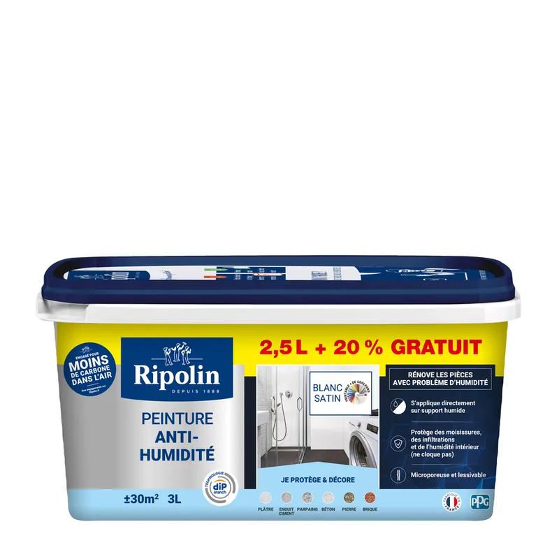 Acheter En Ligne Peinture anti-humidité blanc satin 2,5 l + 20 % gratuit by DIP ETANCH - RIPOLIN