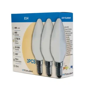 Lot de 3 ampoules LED flamme dépolie E14 4W = 400 lumens blanc chaud - FOXLIGHT Authentique