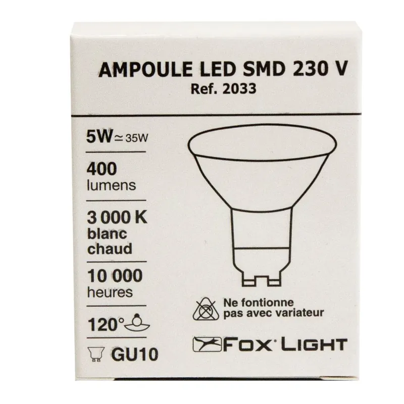 Ampoule LED spot GU10 5 W )= 400 lumens blanc chaud FOX LIGHT Super Prix